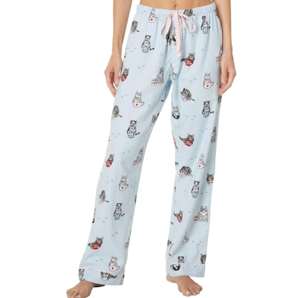 PJ Salvage Women Light Blue Coffee Cat Flannel Pajama Pants Lounge Sleep XS
